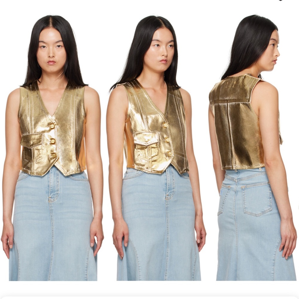 Ganni Designer Egret Metallic Cotton Vest NEW Size 38